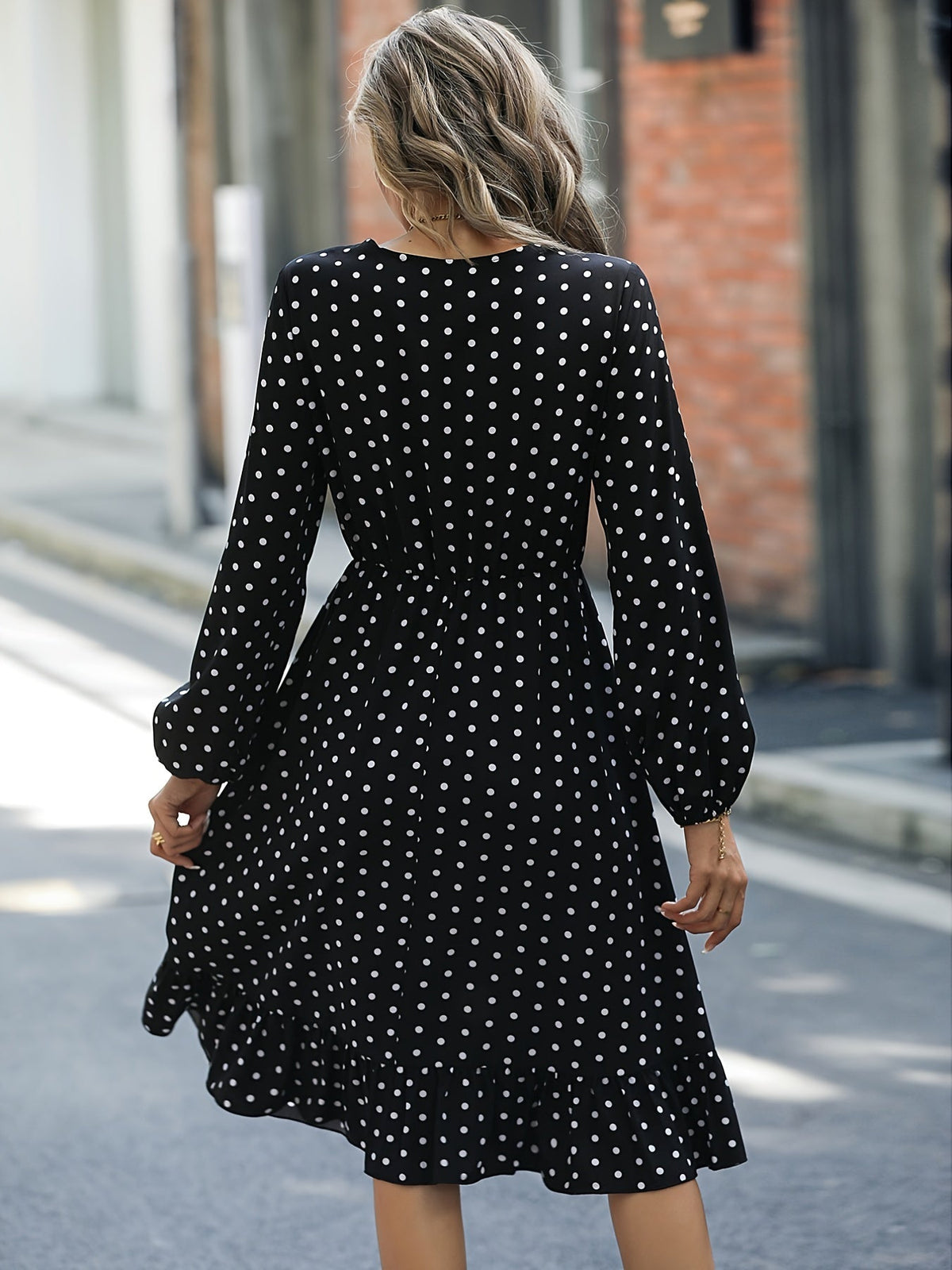 Retro V-neck Ruffle Dress, Polka Dot Print Long Sleeve Waist Loose Summer Dresses