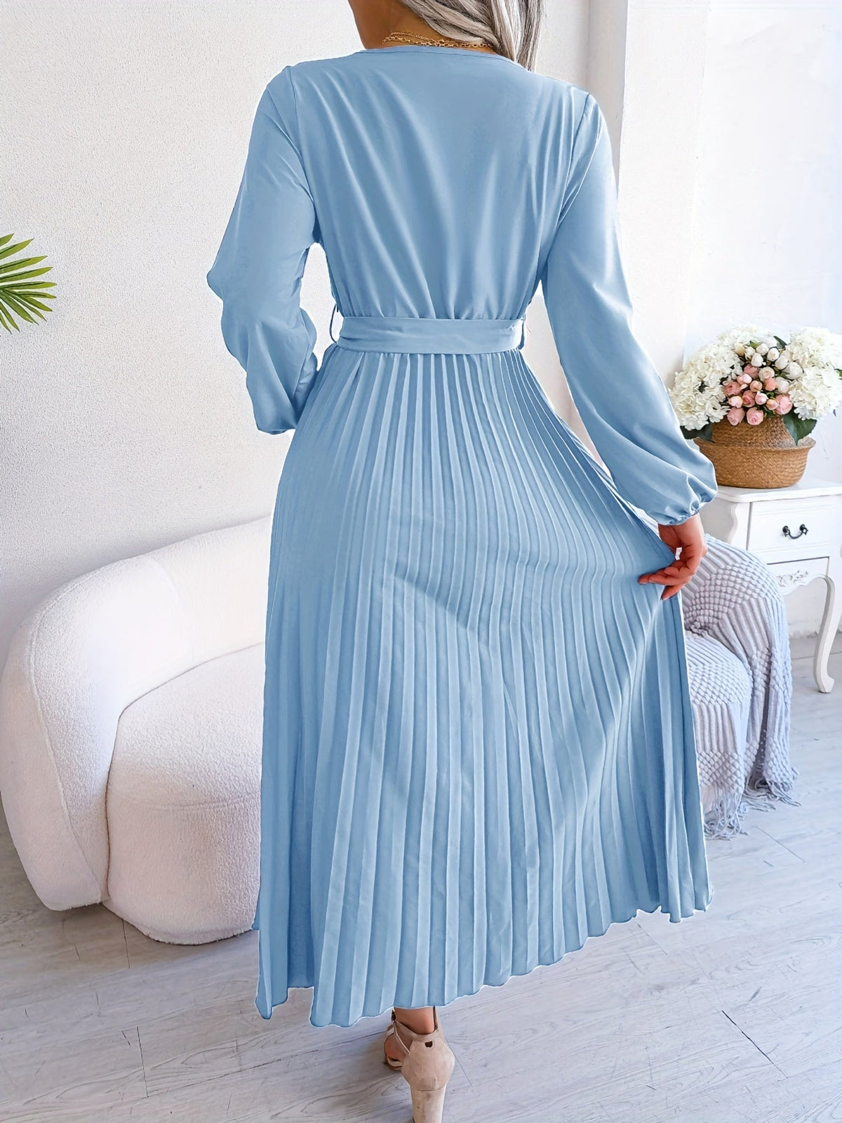 Pleated Surplice Neck Dress, Elegant Long Sleeve Solid Dress, Women's Clothing