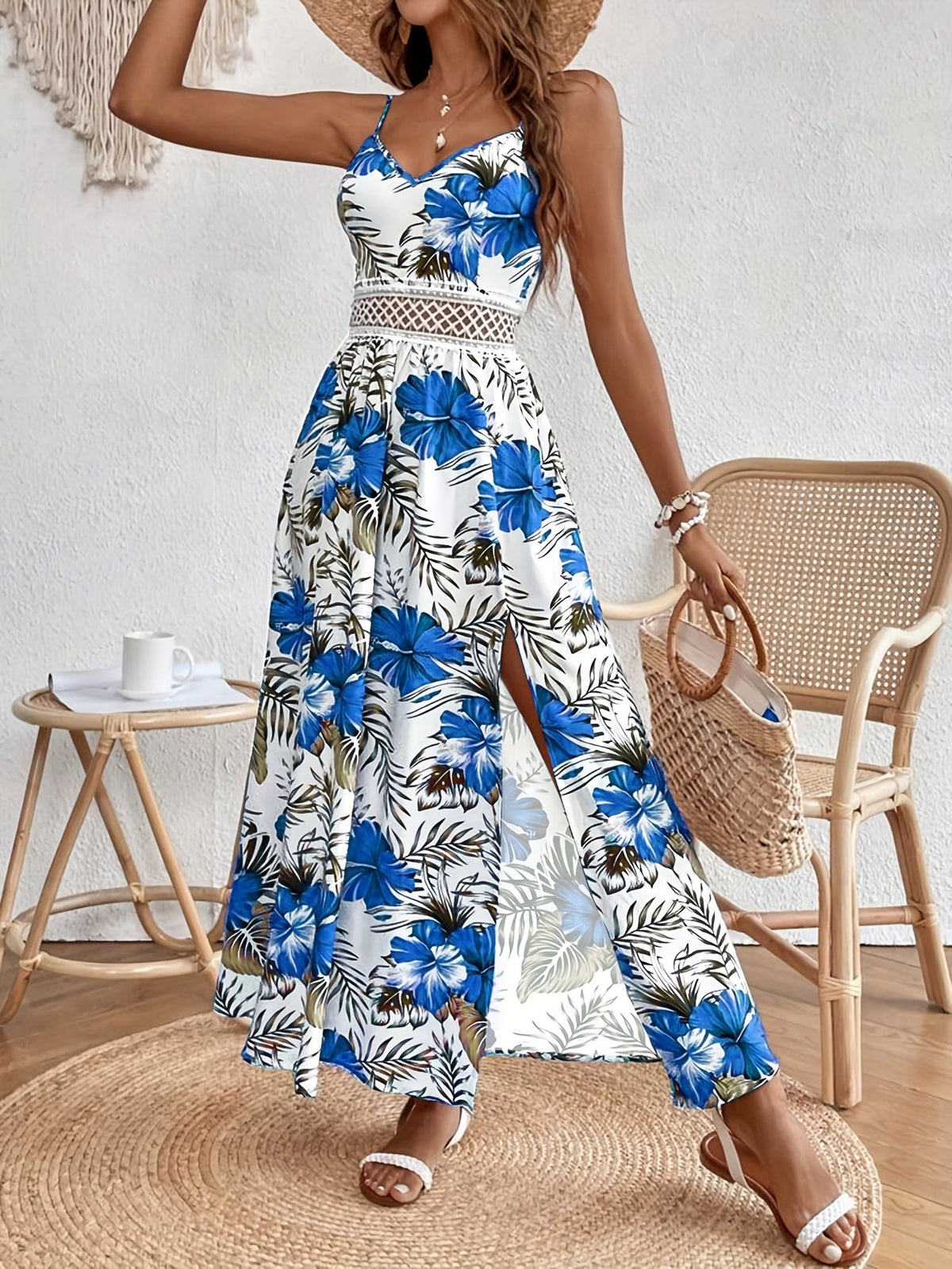 Floral Print Spaghetti Strap Elegant Sleeveless Split Dress