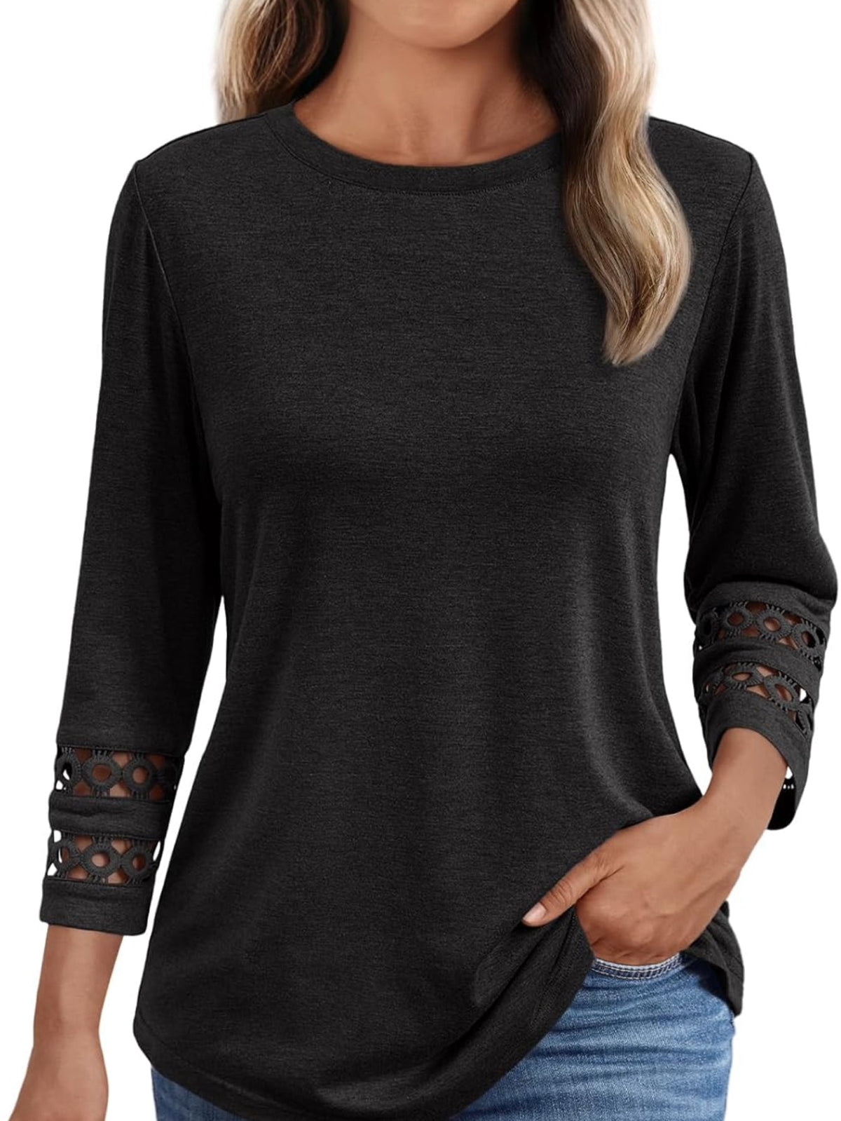 3/4 Length Sleeve Crewneck Lace Tunic Tops