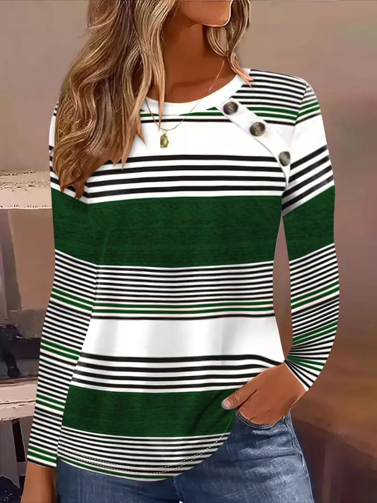 Striped Botton Crew Neck T-Shirt, Elegant Long Sleeve T-Shirt
