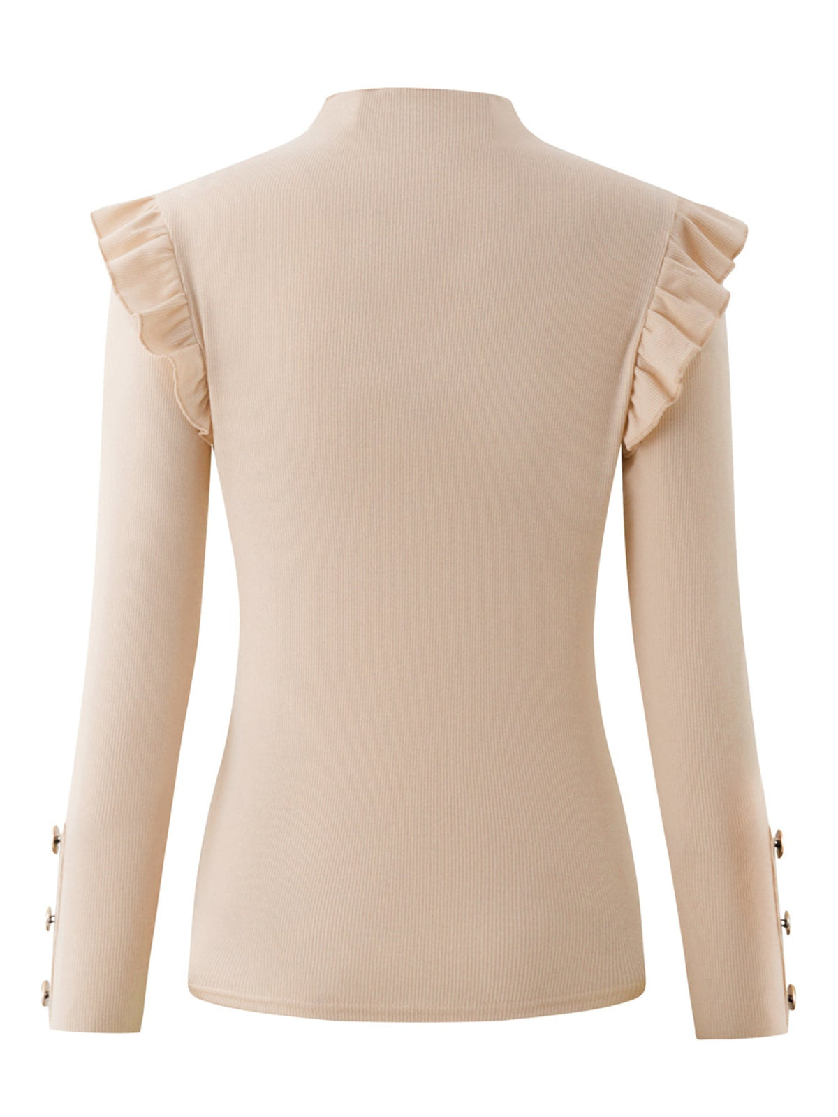 Solid Mock Neck Ruffle Trim Tee, Elegant Long Sleeve Slim T-shirt