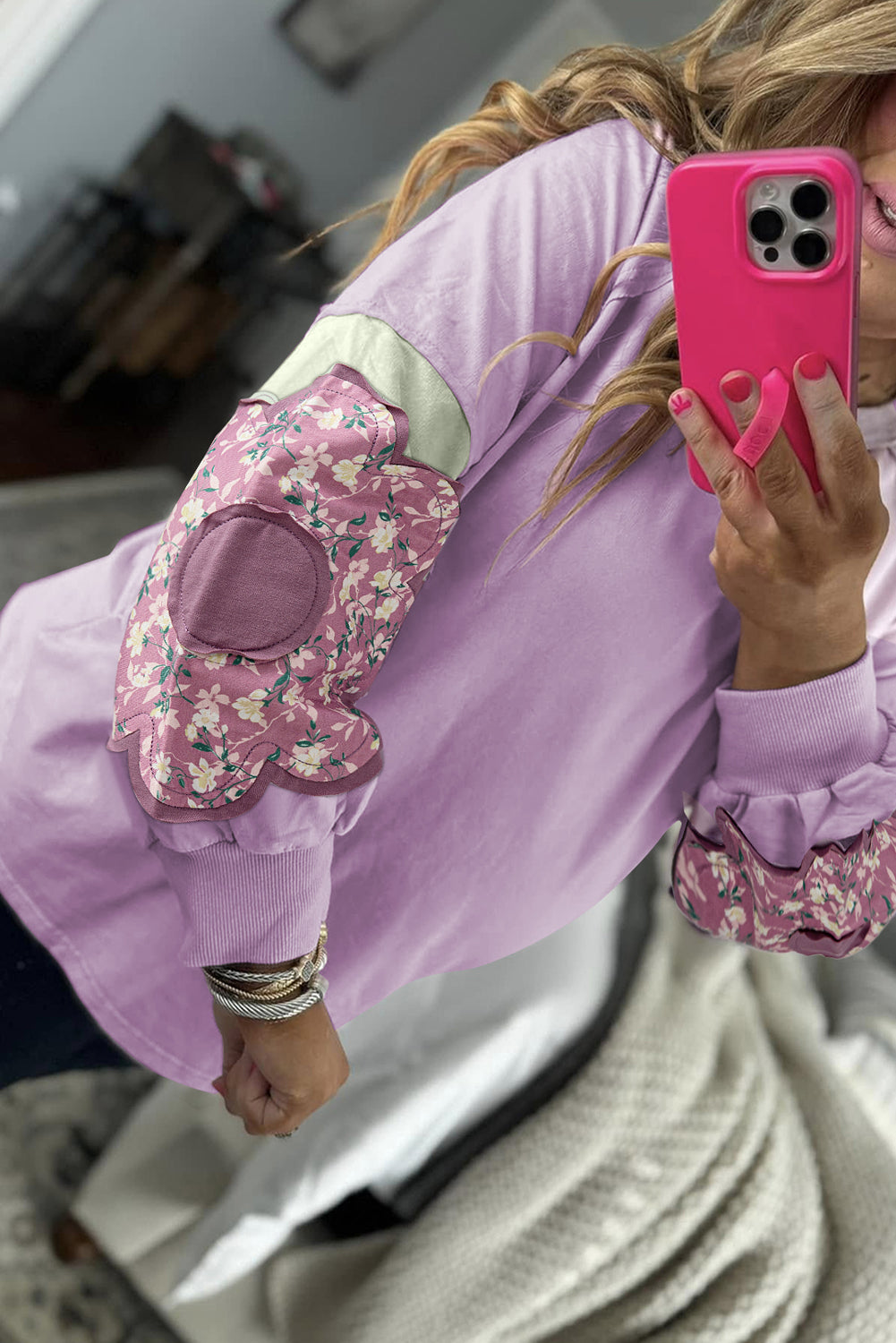 Phalaenopsis Flower Patch Colorblock Plus Size Pullover Top