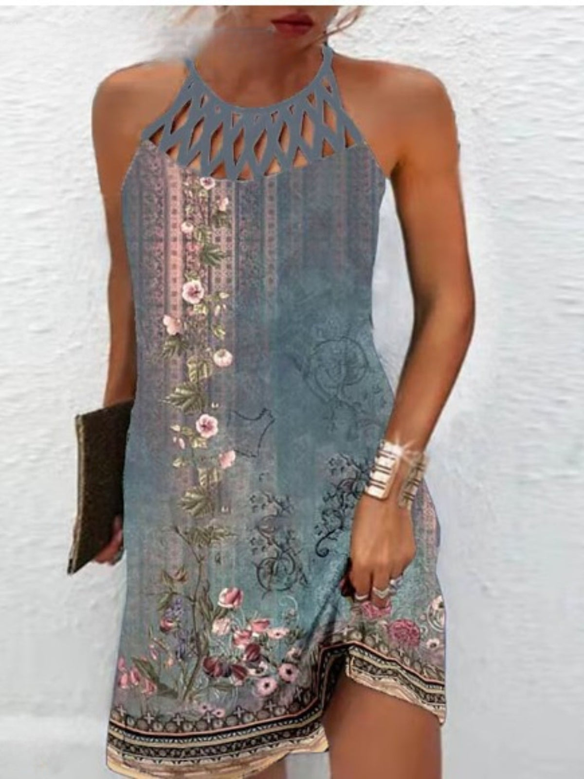 Butterfly Pint Cut Out Dress, Casual Sleeveless Bodycon Dress