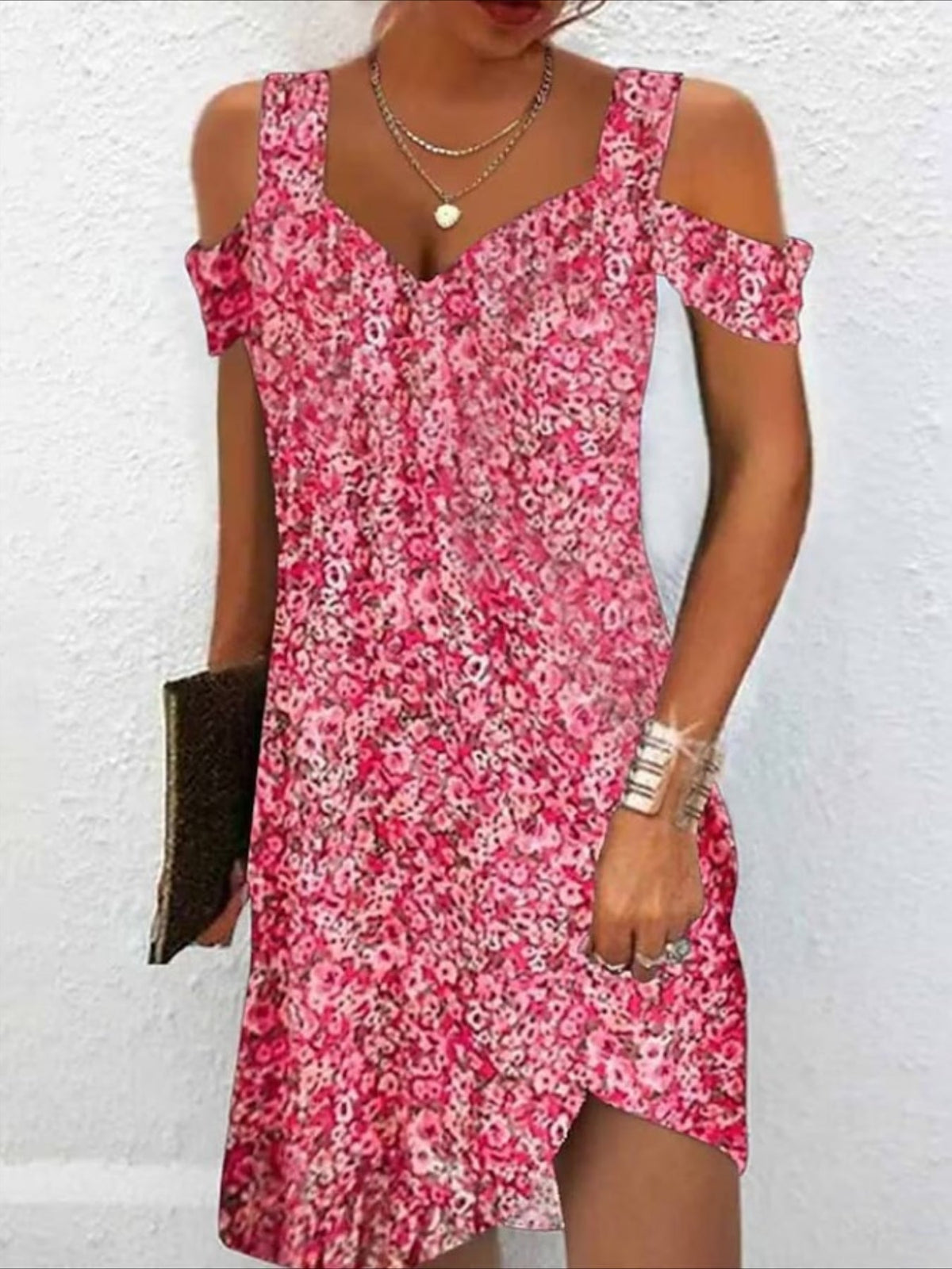 Chic Blossom Cold-Shoulder Dress, Effortless V-Neck Fit, Short Sleeves, Perfect for Casual Outings