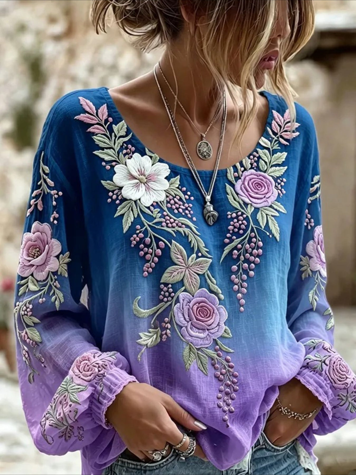 Floral Crew Neck Long Sleeve Blouse