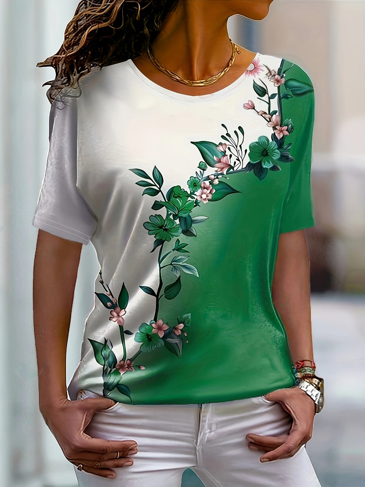 Short Sleeve Floral Print Colorblock Crew Neck T-Shirt