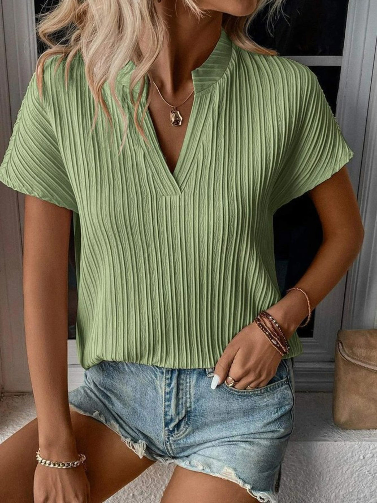 Ribbed Short Sleeve with Notched Neck and Slight Stretch for Women