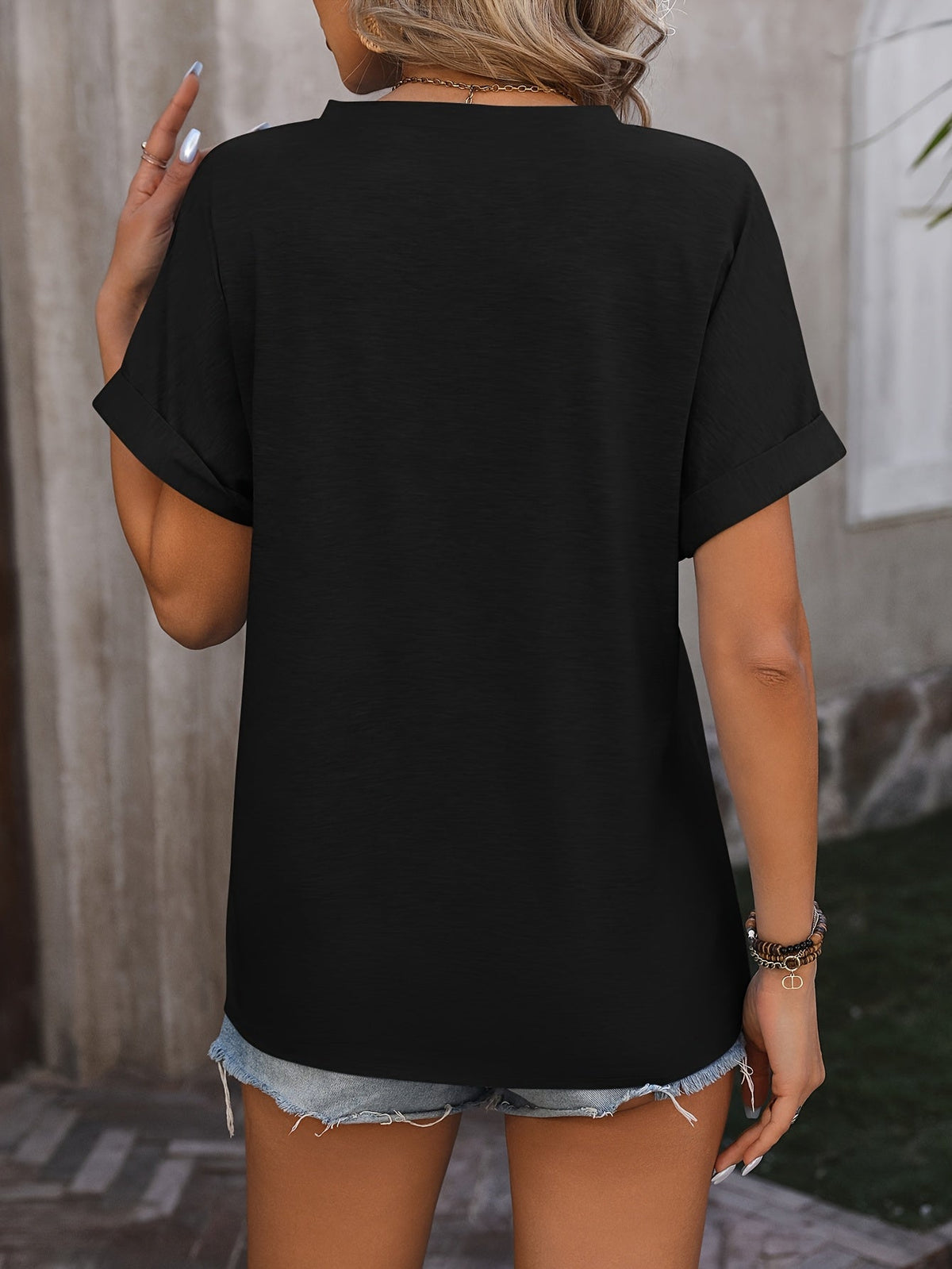 Casual V-neck Button Pure Color Loose Short-sleeved T-shirt