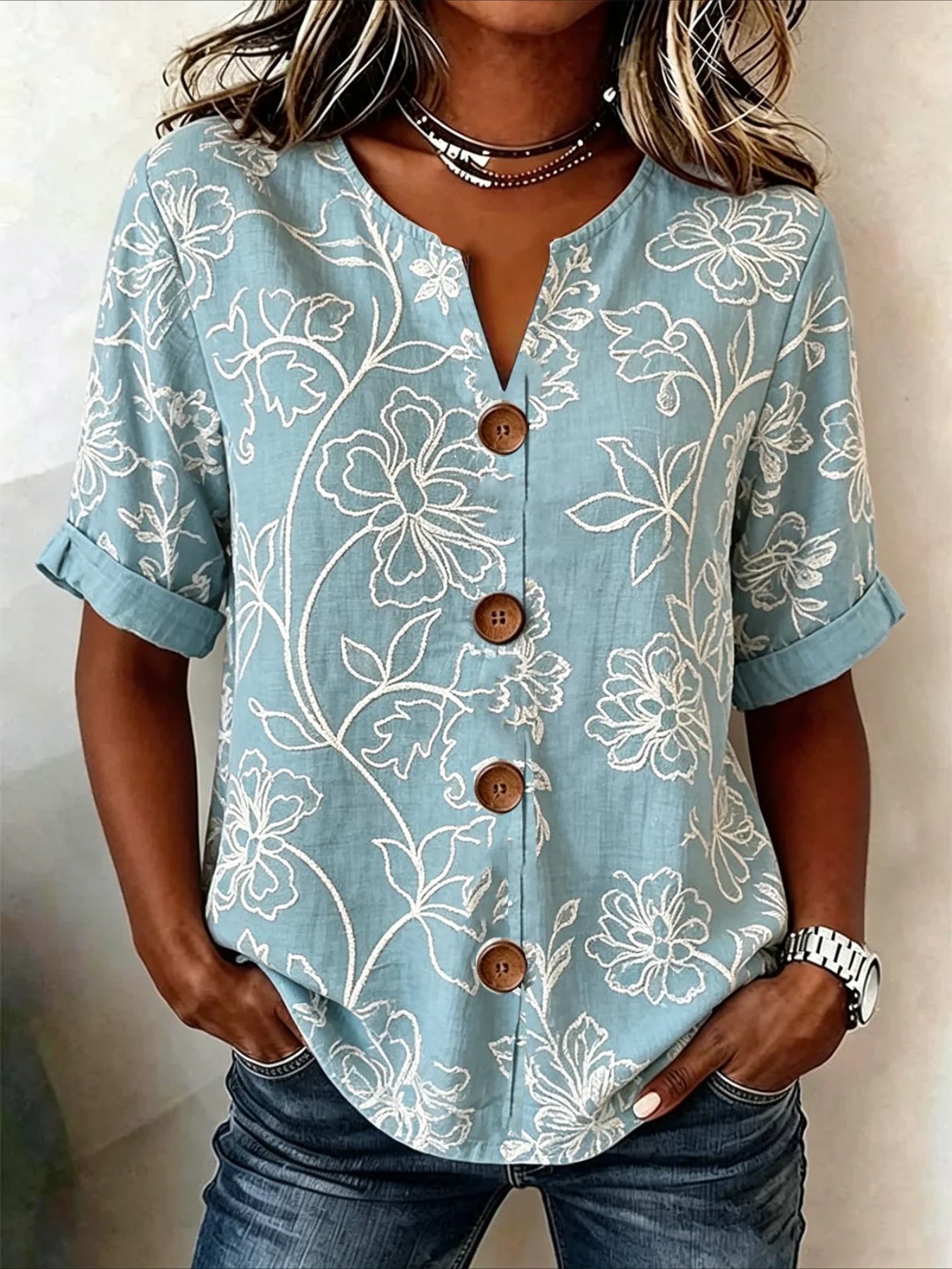 Stand Collar Long Sleeve Floral Regular Loose Shirt