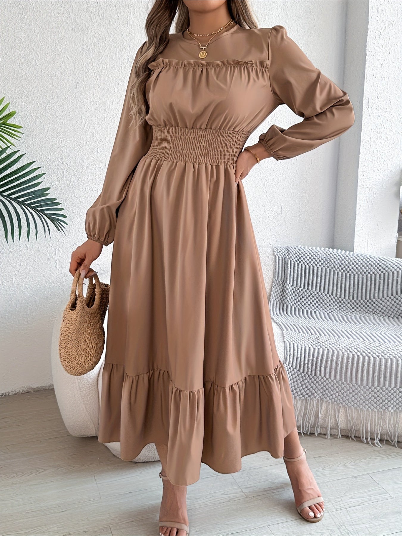 Elegant Long Sleeve Hem Round Neck Dress