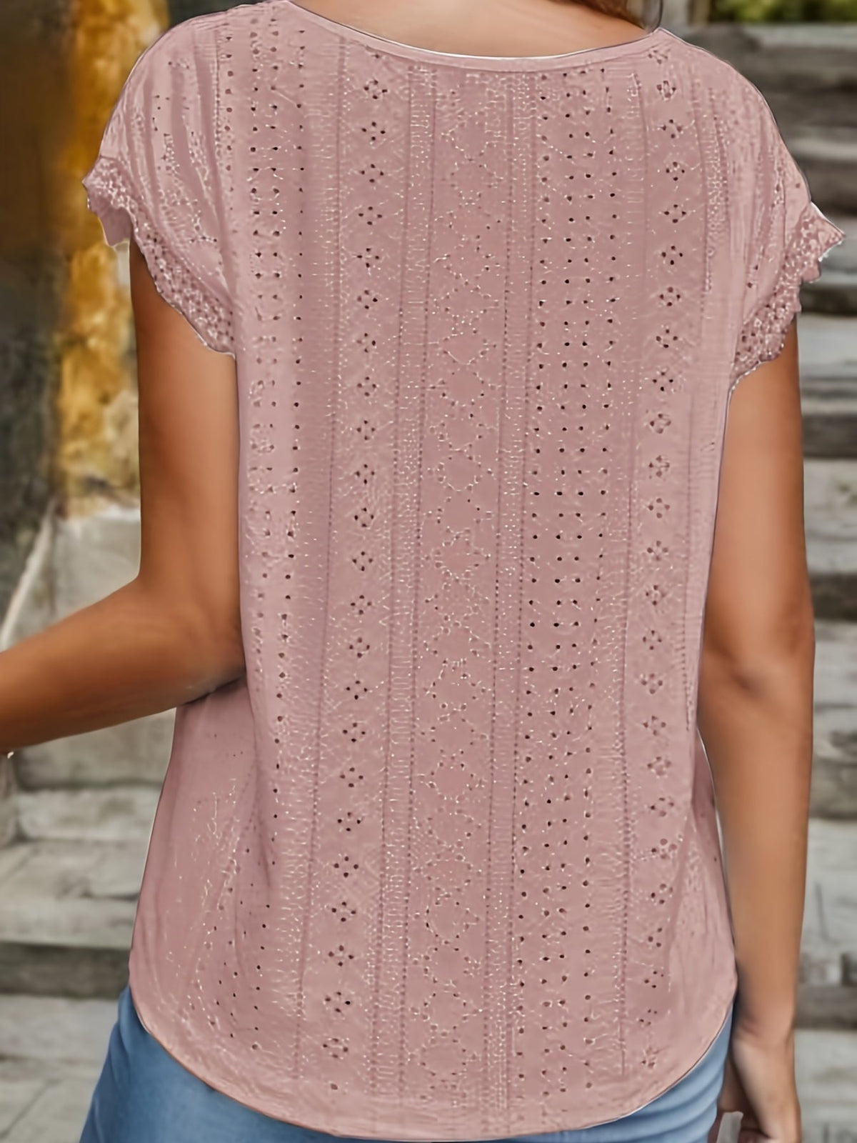 Elegant T-shirt, Women's Eyelet Embroidery Contrast Lace Trim V Neck Short Sleeve Slight Stretch T-shirt