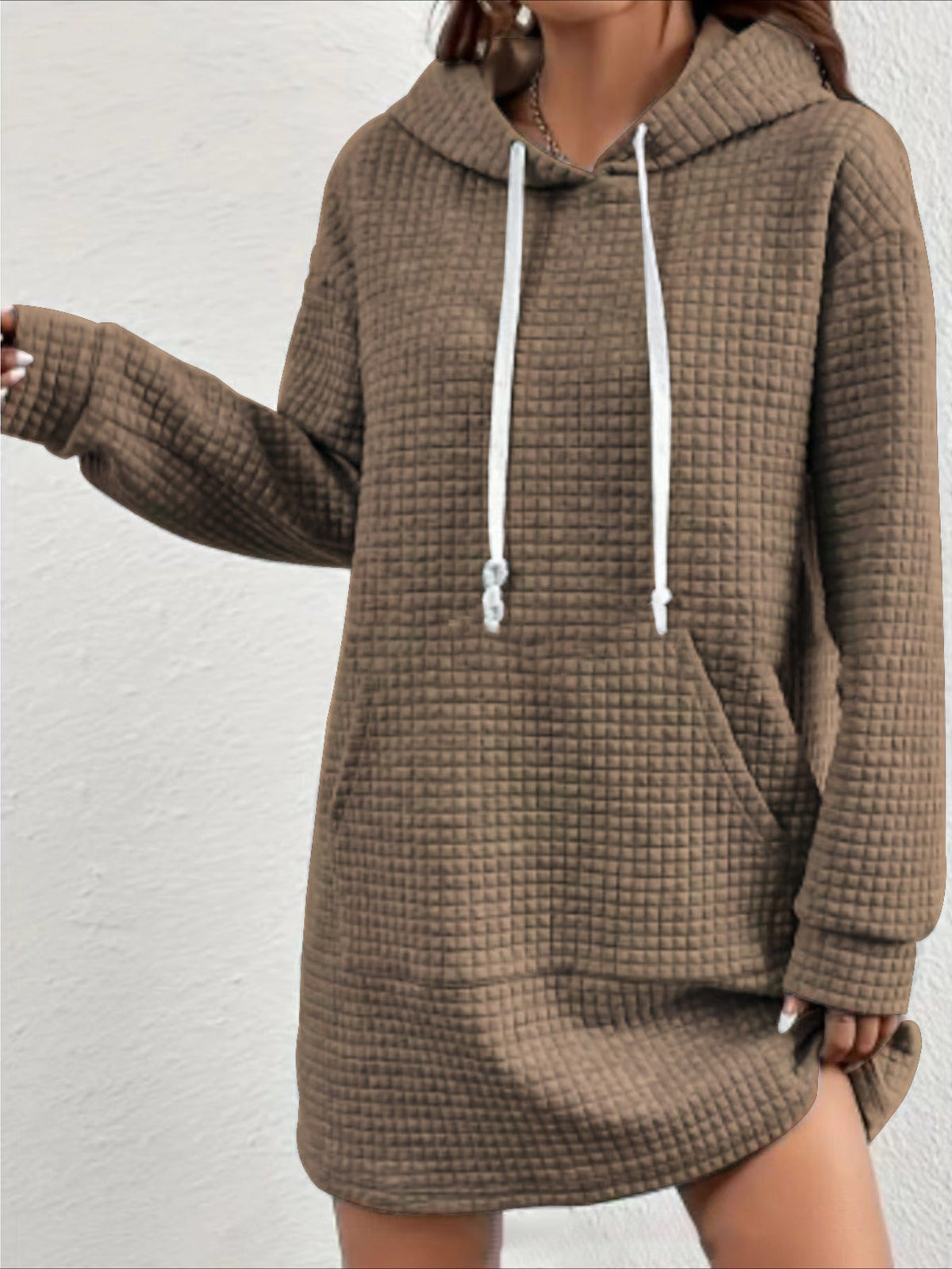 Stylish Textured Drawstring Dress - Comfy Hooded Long Sleeve with Kangaroo Pocket