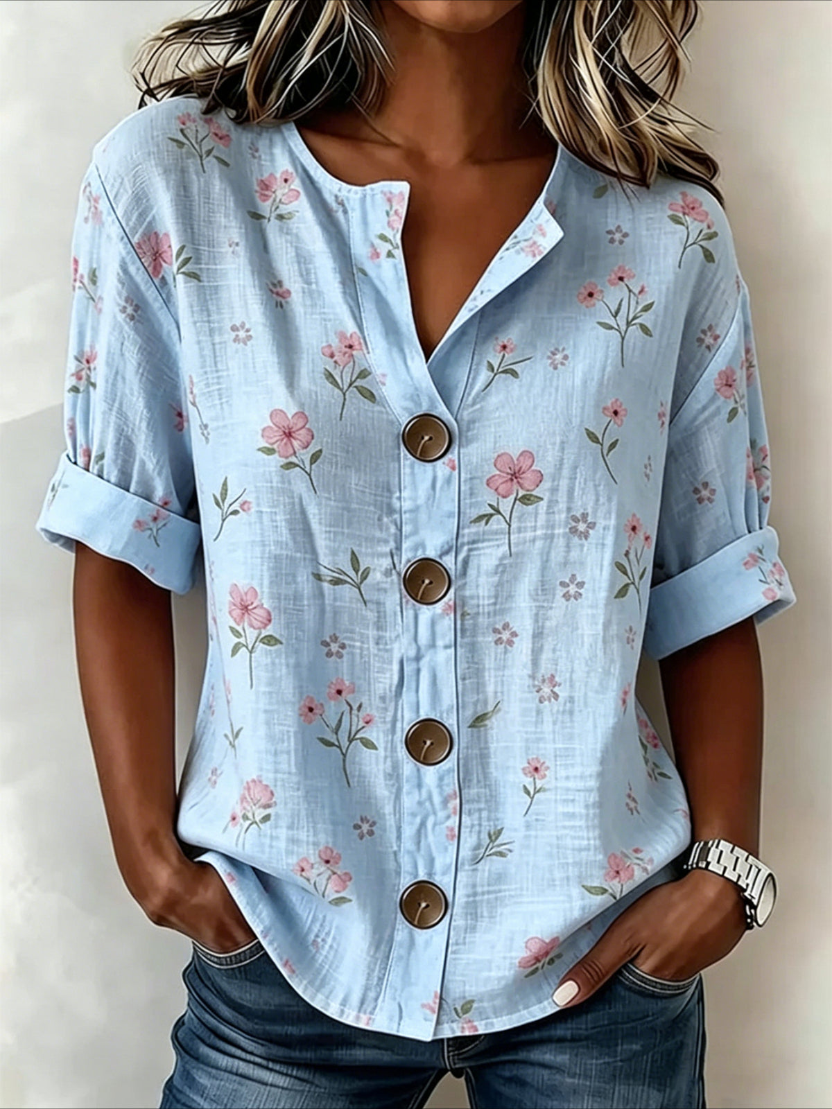Strip Loose Stand Collar Simple Linen Blend Long Sleeve Shirt