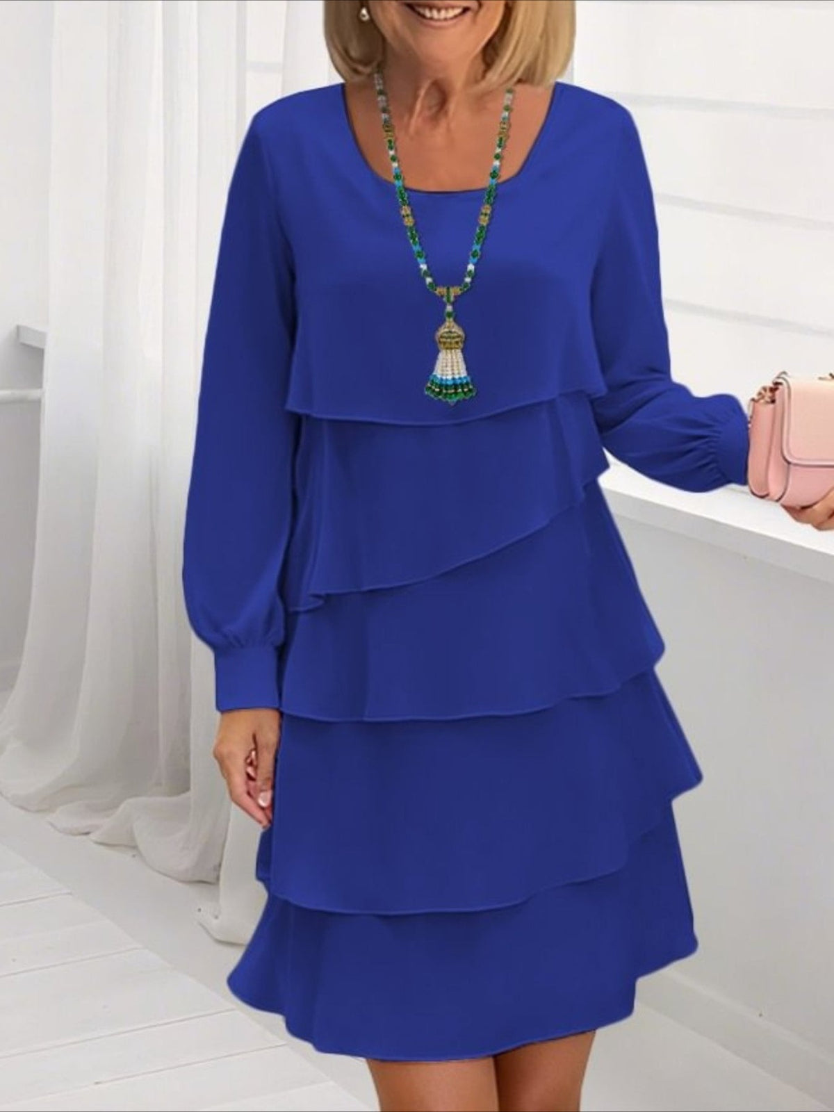 Elegant Round Neck Flared Hem Long Sleeves Tiered Midi Dress