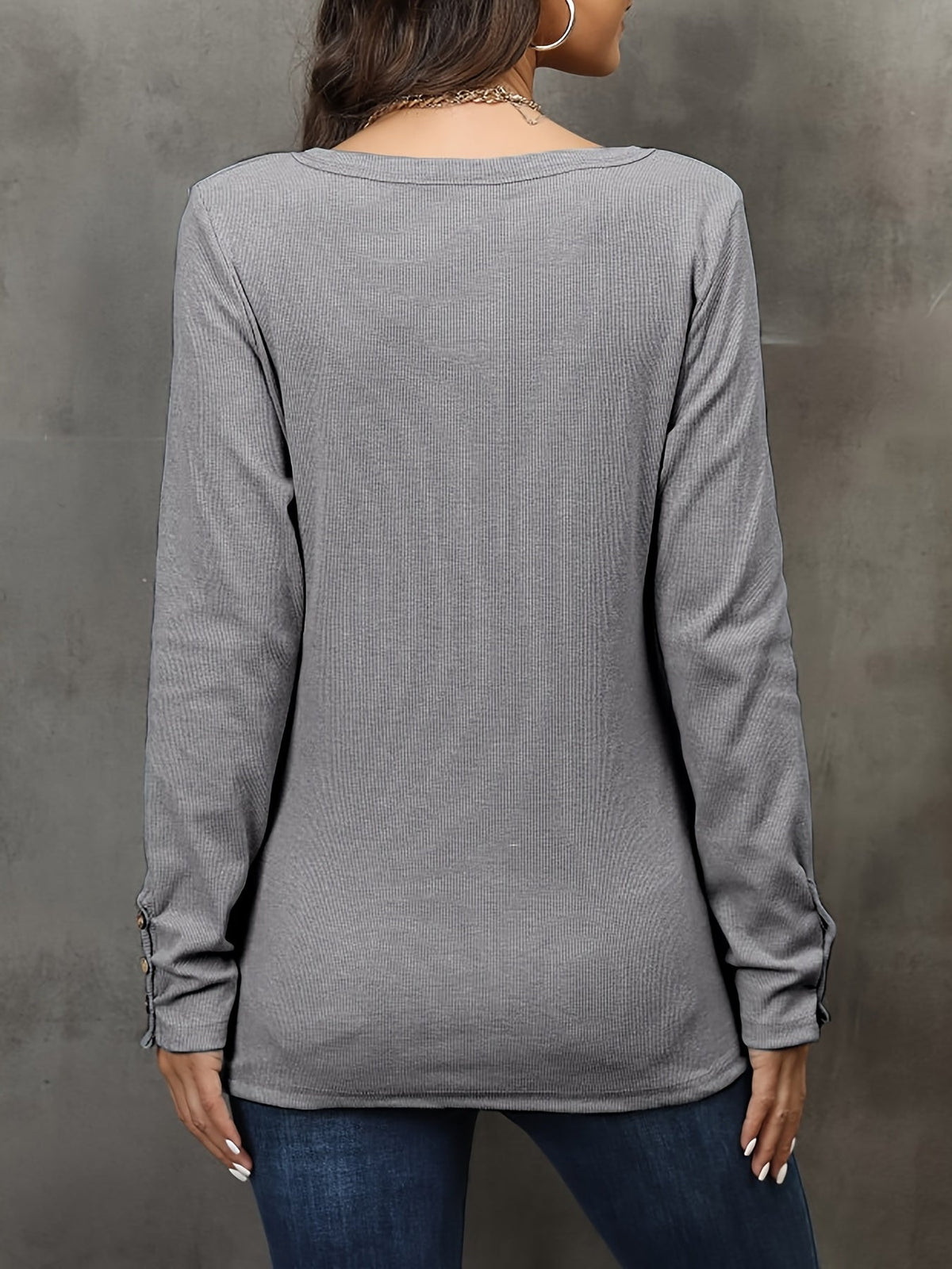 Casual Button Scoop Neck T-shirt, Loose Long Sleeve Slim Fit Fashion T-Shirts Tops