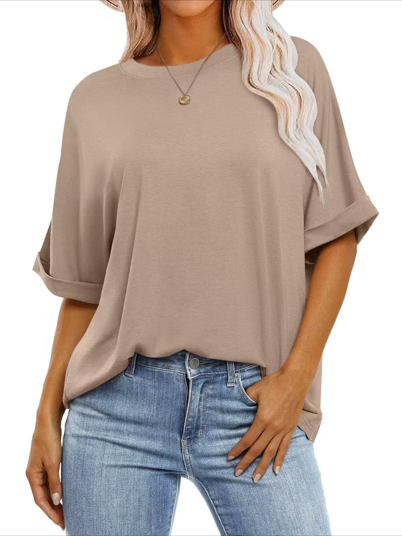 Casual Short Sleeve Crewneck Solid Color Loose T-Shirt
