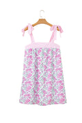 Pink Floral Print Striped Patchwork Bow Knot Straps Mini Dress