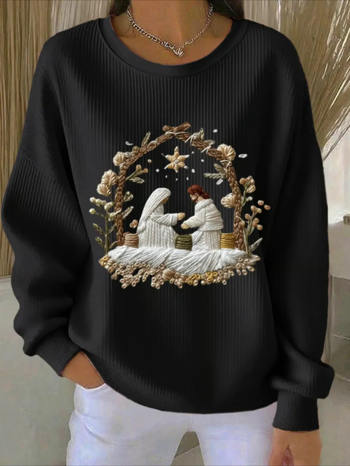 Printing Crew Neck Floral Long Sleeve Sweater Hoodie