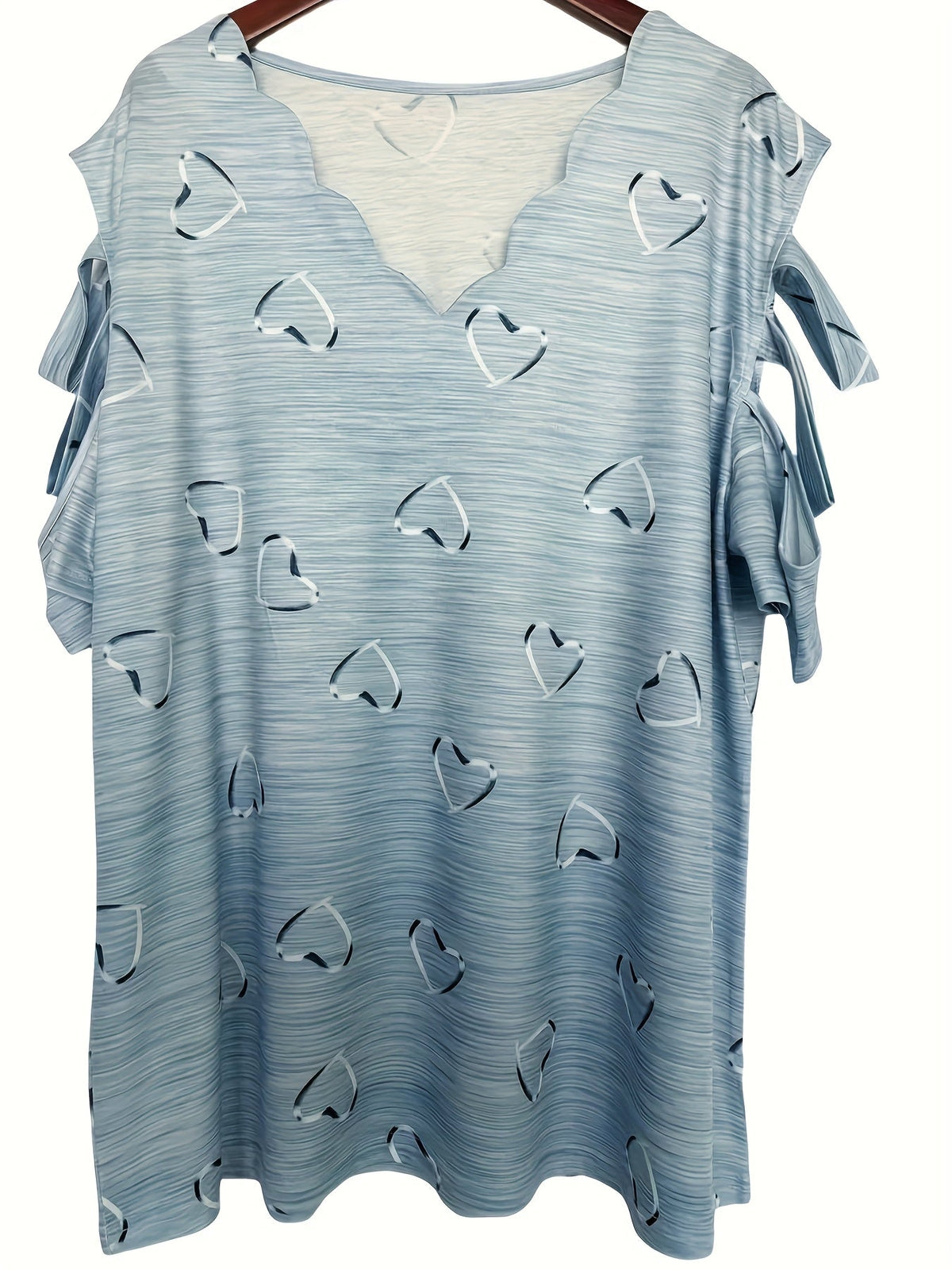 Short Sleeve Heart Print V-Neck T-Shirt with Cold Shoulder Design