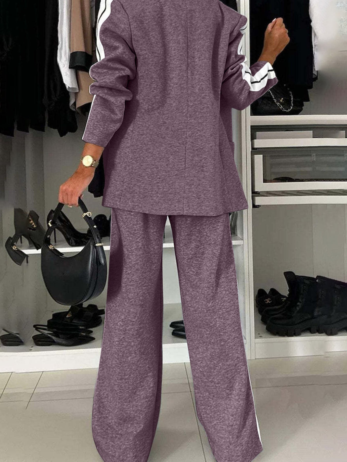 Full Size Contrast Lapel Collar Top and Pants Set