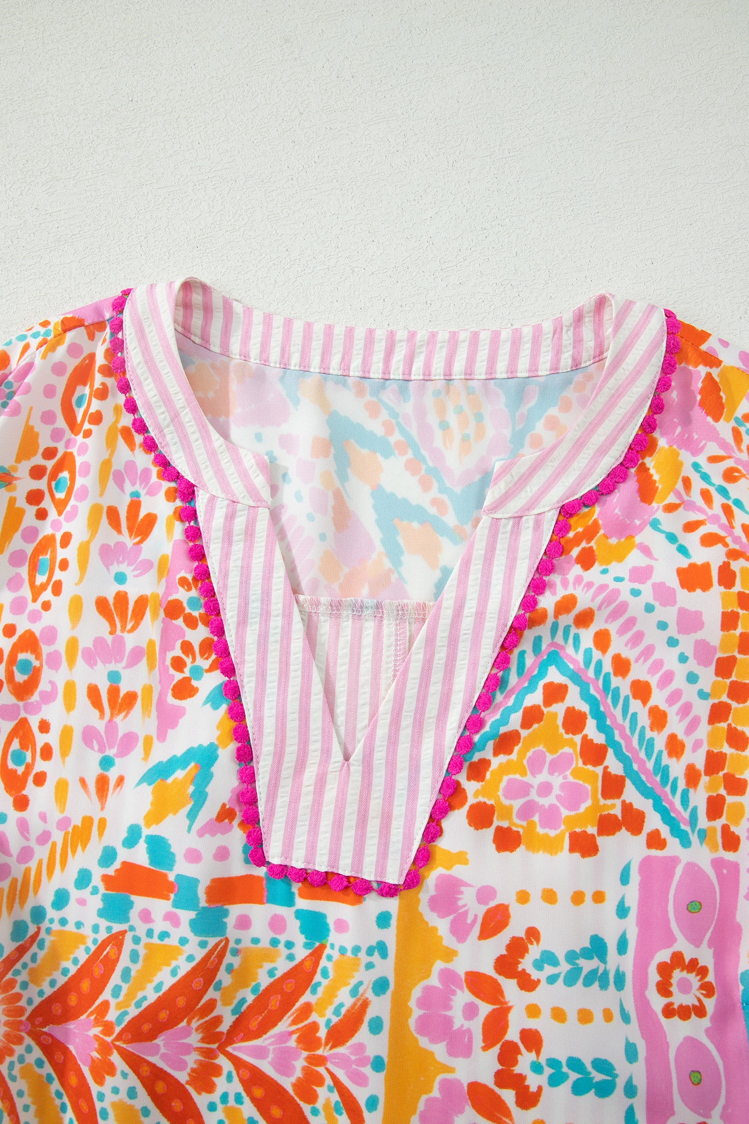 Rose Plus Size Geometric Print Contrast Trim Striped V Neck Blouse