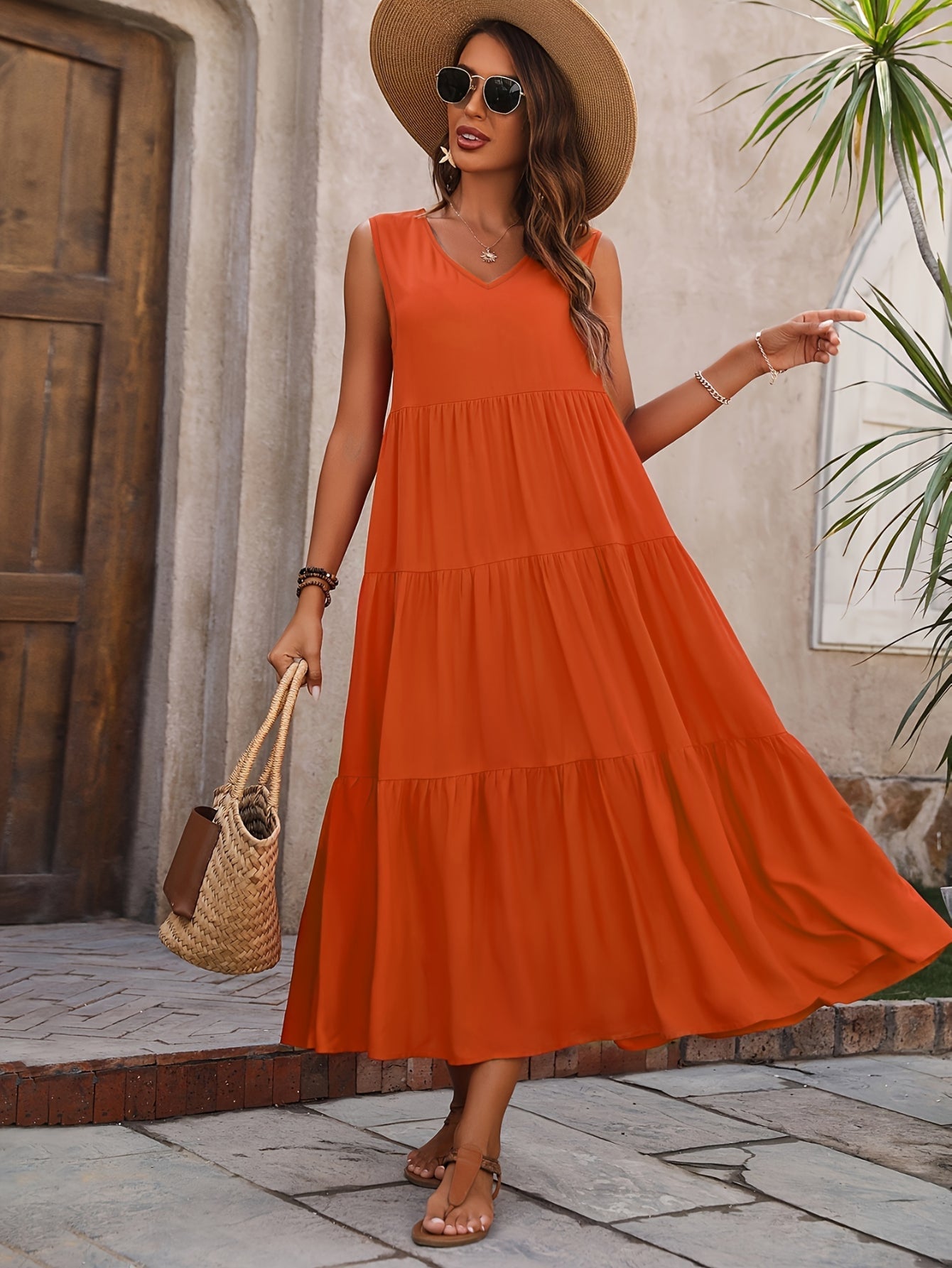 Loose V Neck Ruffle Hem Dress, Casual Sleeveless Dress