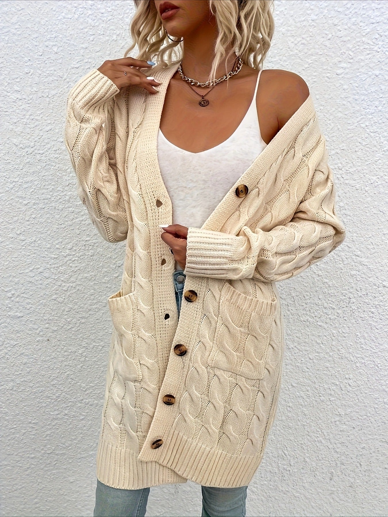Elegant Long Nylon Soft Warm V-Neck Long Sleeves Sweater with Button Front