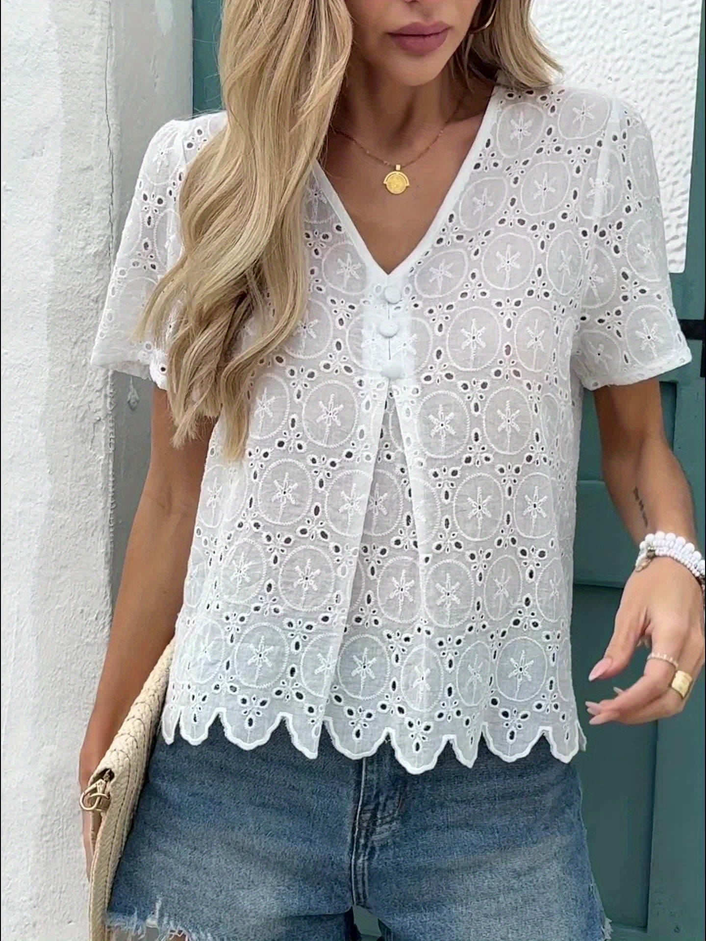 Short Sleeve Lace Detail Button-Up V-Neck Blouse with Floral Pattern