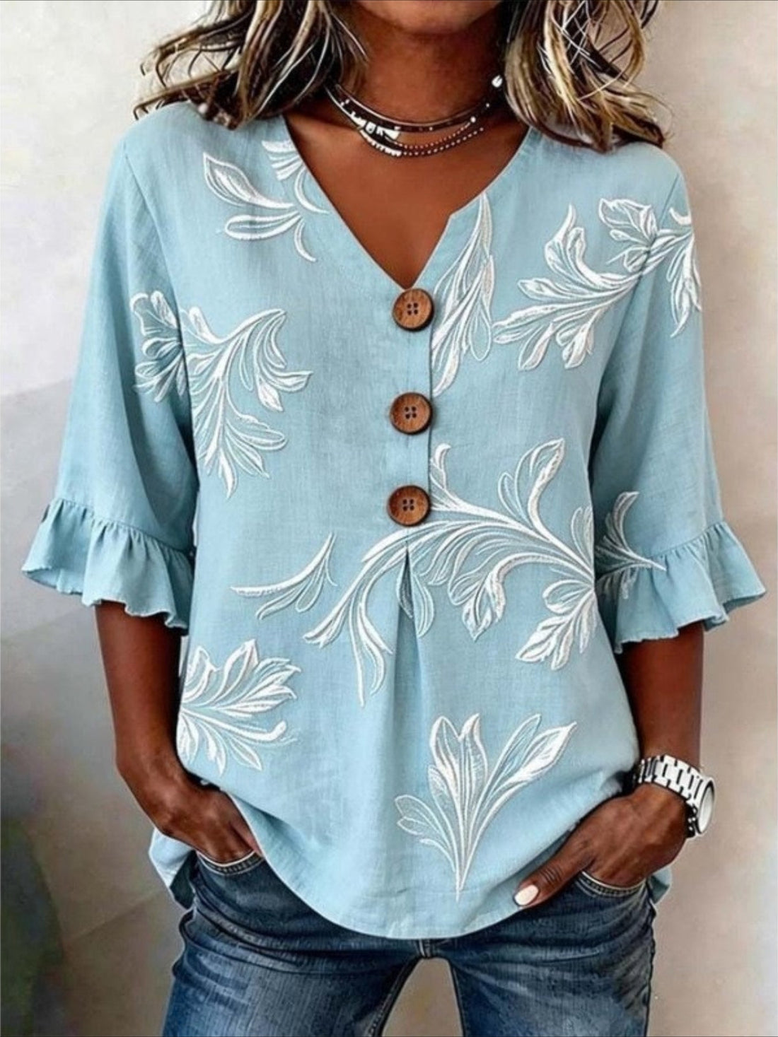 White and Blue V Neck Button Short Ruffle Sleeve Casual Top