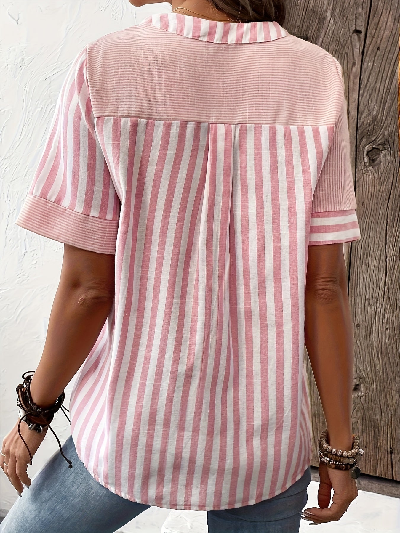 Striped Print Notched Neck Blouse, Casual Short Sleeve Button Front Blouse