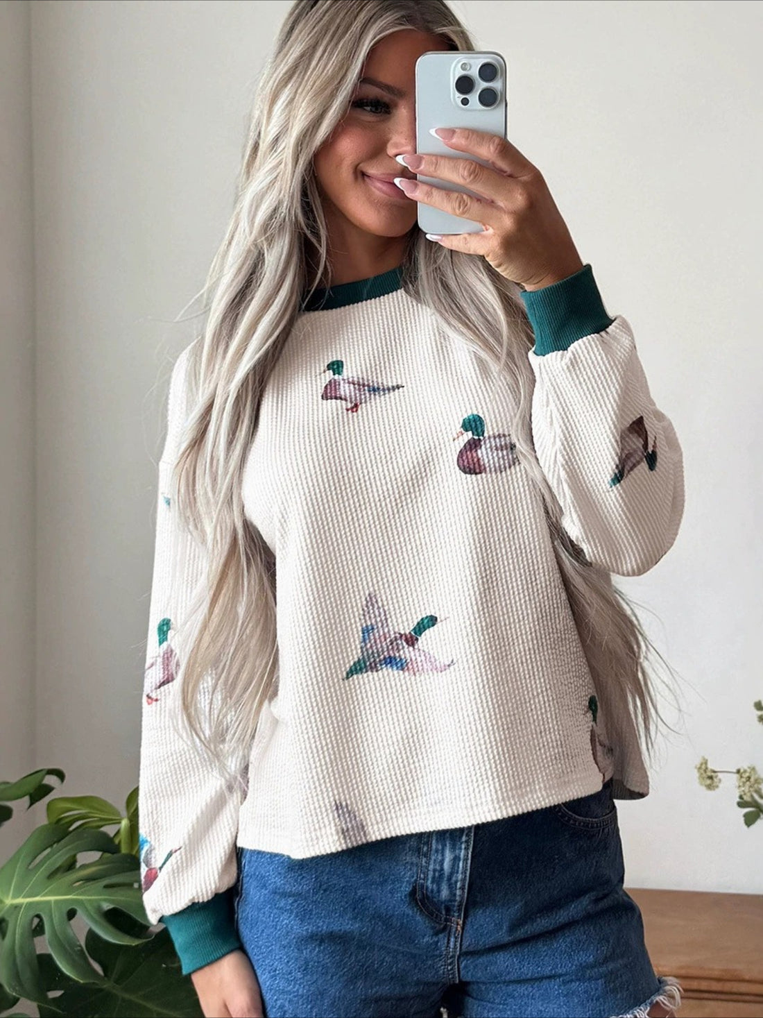 Duck Print Waffle Knit Sweatshirt with Contrast Trim