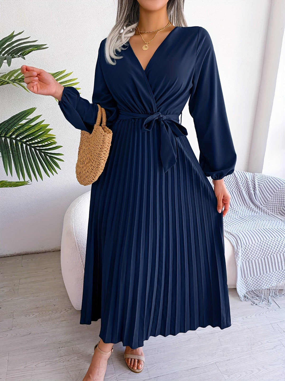 Pleated Surplice Neck Dress, Elegant Long Sleeve Solid Dress, Women's Clothing