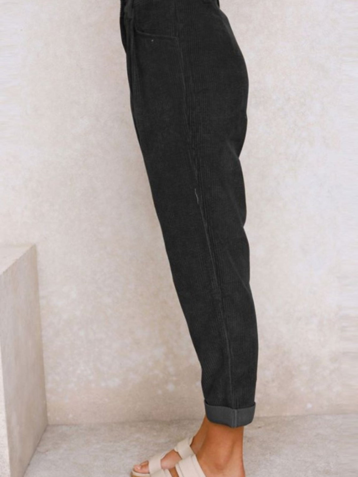 Women's High-Waist Corduroy Pants - Casual Solid Color, Loose Fit Straight Leg with Pockets