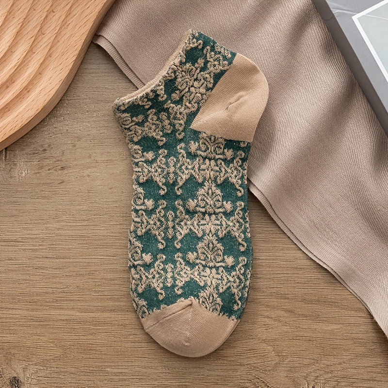 5 Pairs Vintage Court Style Short Socks, Cute Japanese Style Flower Geometric 3D Textured Low Cut Ankle Socks