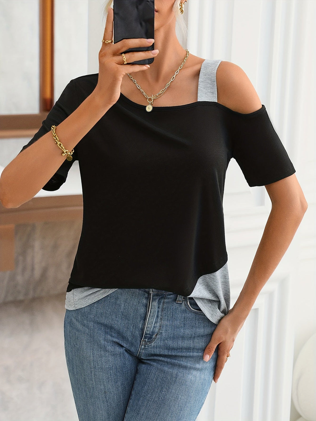 Women's Colorblock Cold Shoulder T-Shirt - Casual and Comfortable
