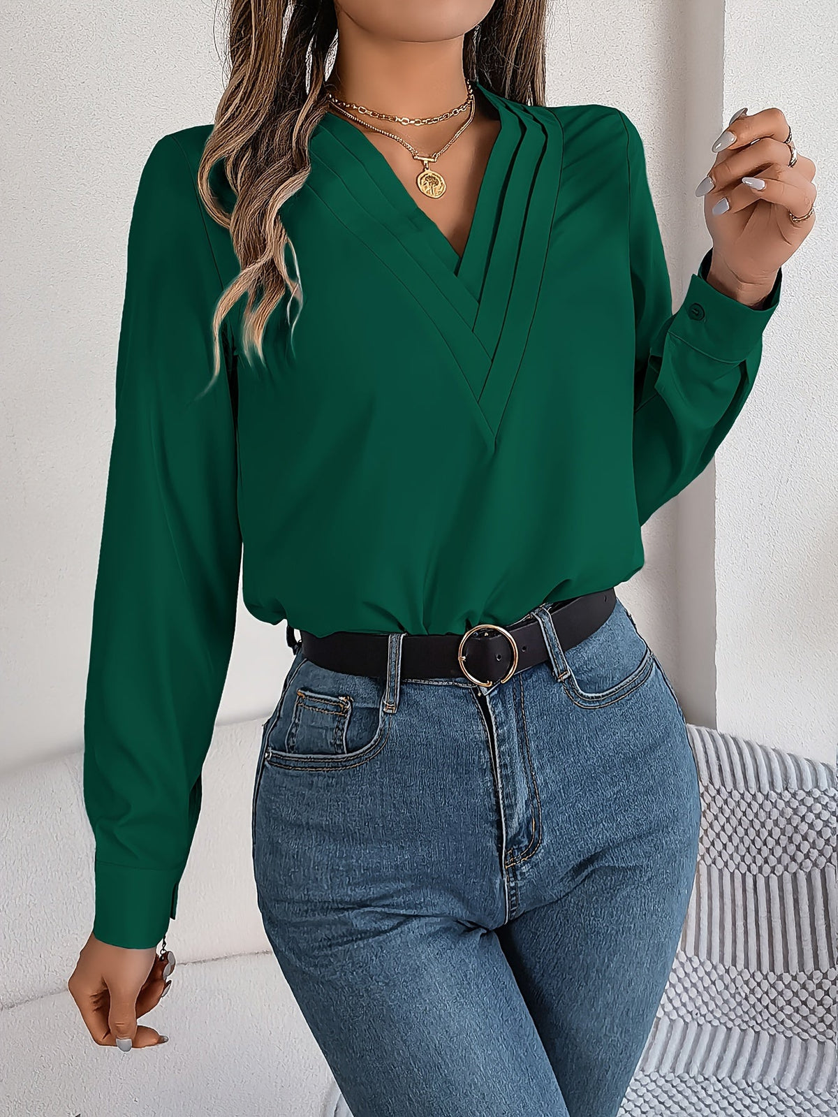 Solid Color V Neck Blouse, Elegant Long Sleeve Blouse