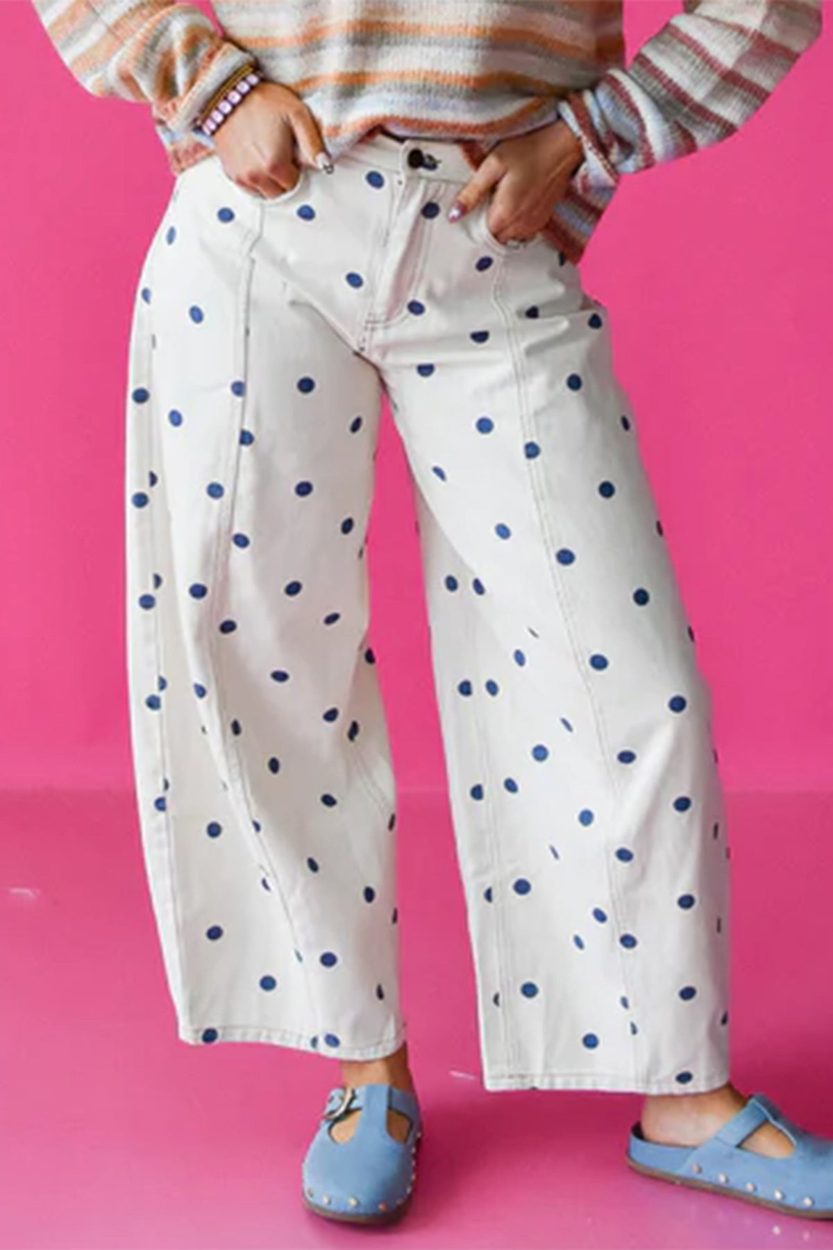 Blue Tailored Seam Polka Dot Print Barrel Casual Jeans