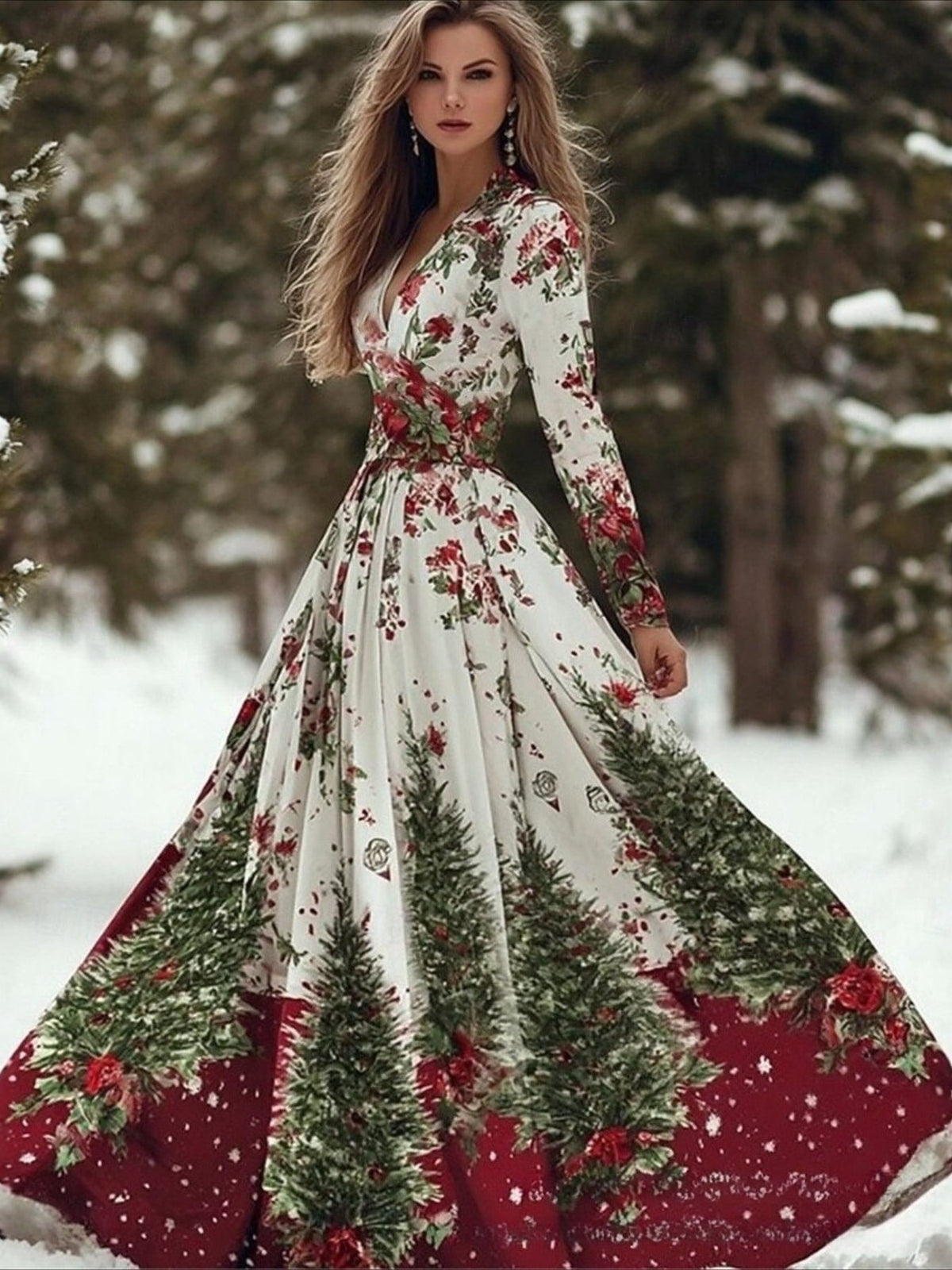 Christmas Pleated Party Long Sleeve V Neck Maxi Dress