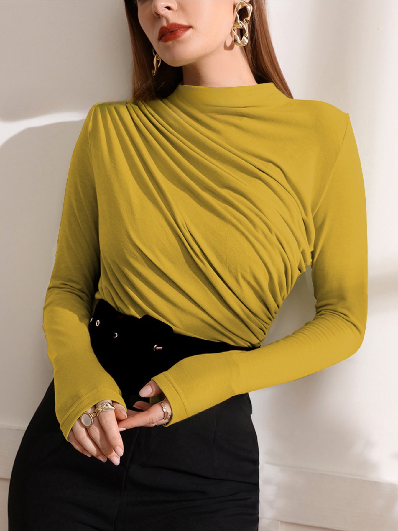Chic Fall/Winter Ruched Mock Neck Long Sleeve Top