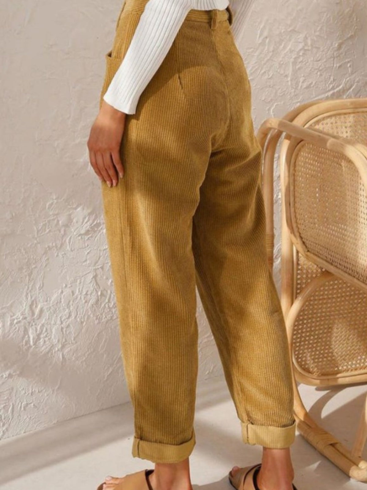 Women's High-Waist Corduroy Pants - Casual Solid Color, Loose Fit Straight Leg with Pockets