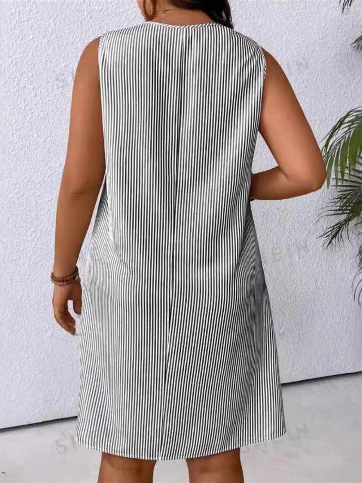 Striped Print Ring Decor Dress, Casual Pockets V-neck Dress