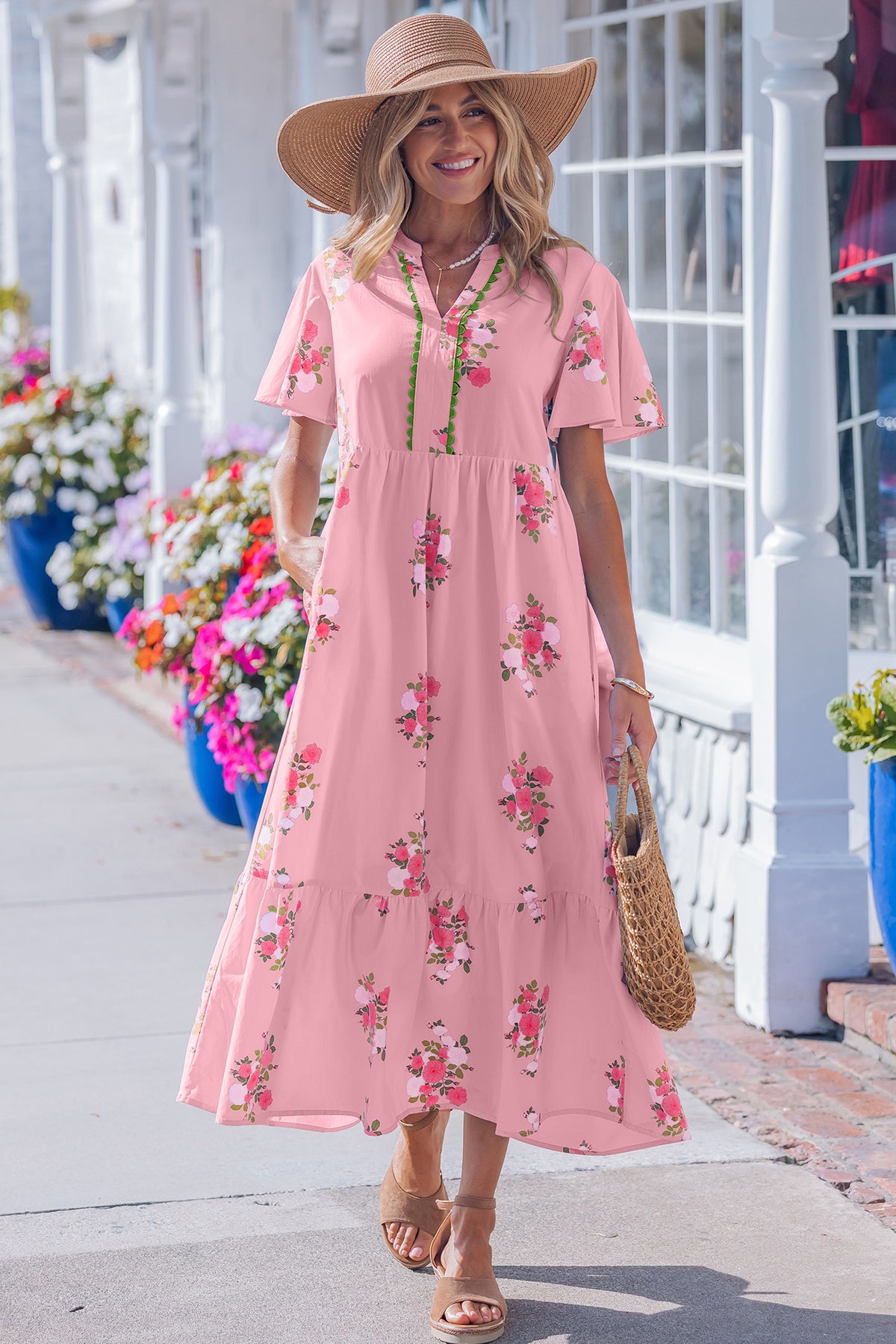 Pink Notched Neck Flutter Short Sleeve Floral Print Maxi Dress