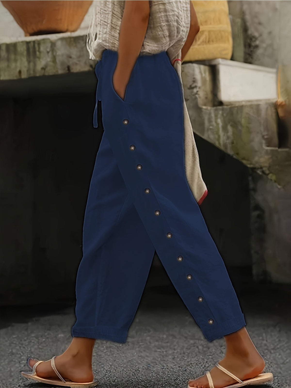 Women'S Elegant Casual Blue Straight-Leg Pants with Pearl Embellishments