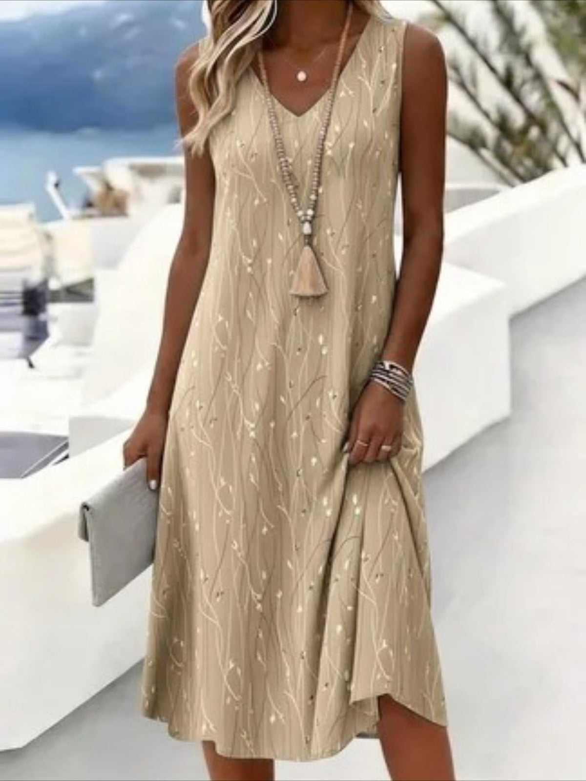 Leaf Print Sleeveless V-Neck Casual Midi Dress