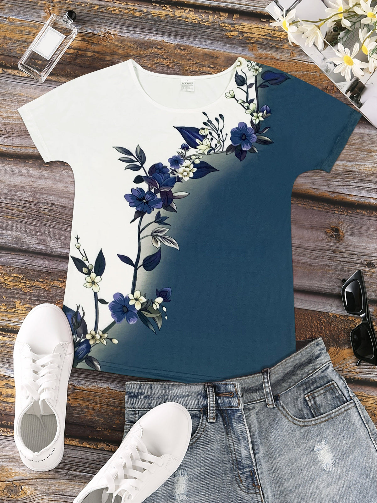 Short Sleeve Floral Print Colorblock Crew Neck T-Shirt