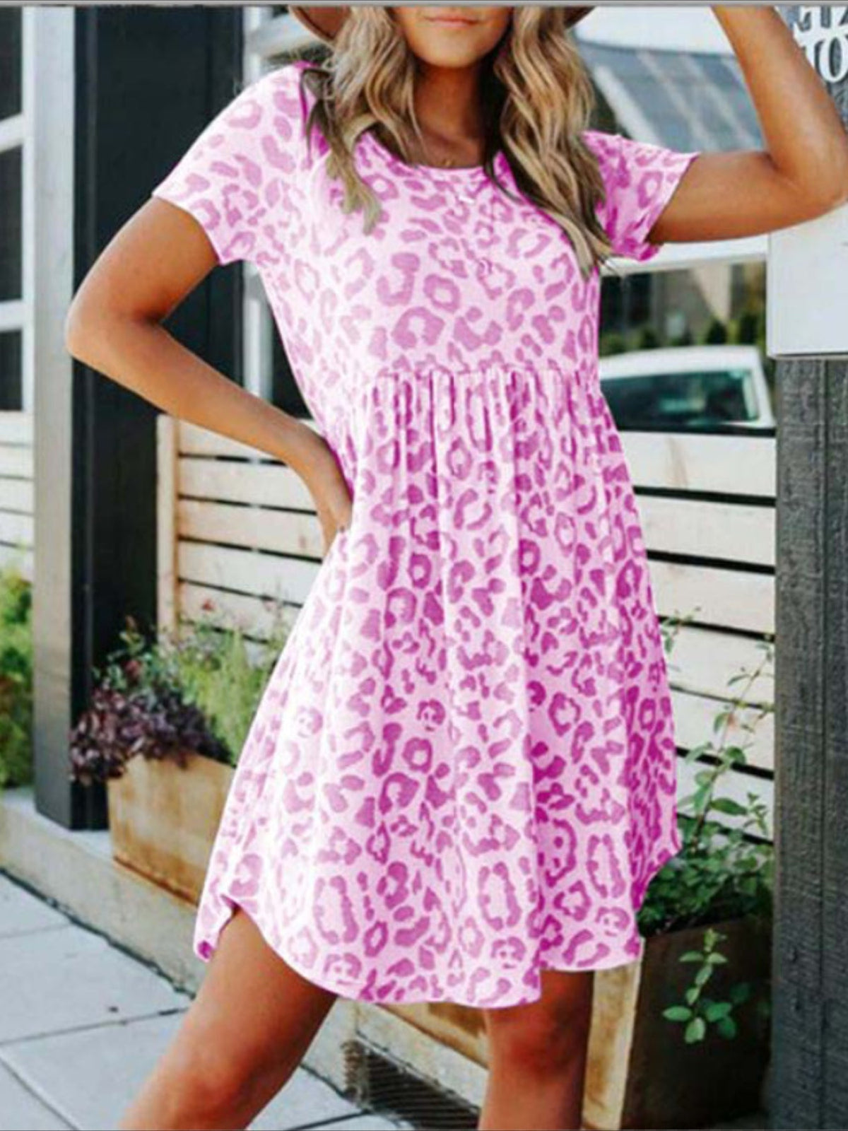 Leopard Print Crew Neck Dress, Casual Short Sleeve Dress