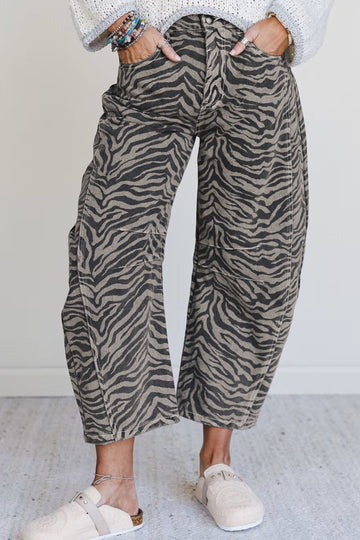Gray Zebra Stripe Printed Wide Leg Jeans
