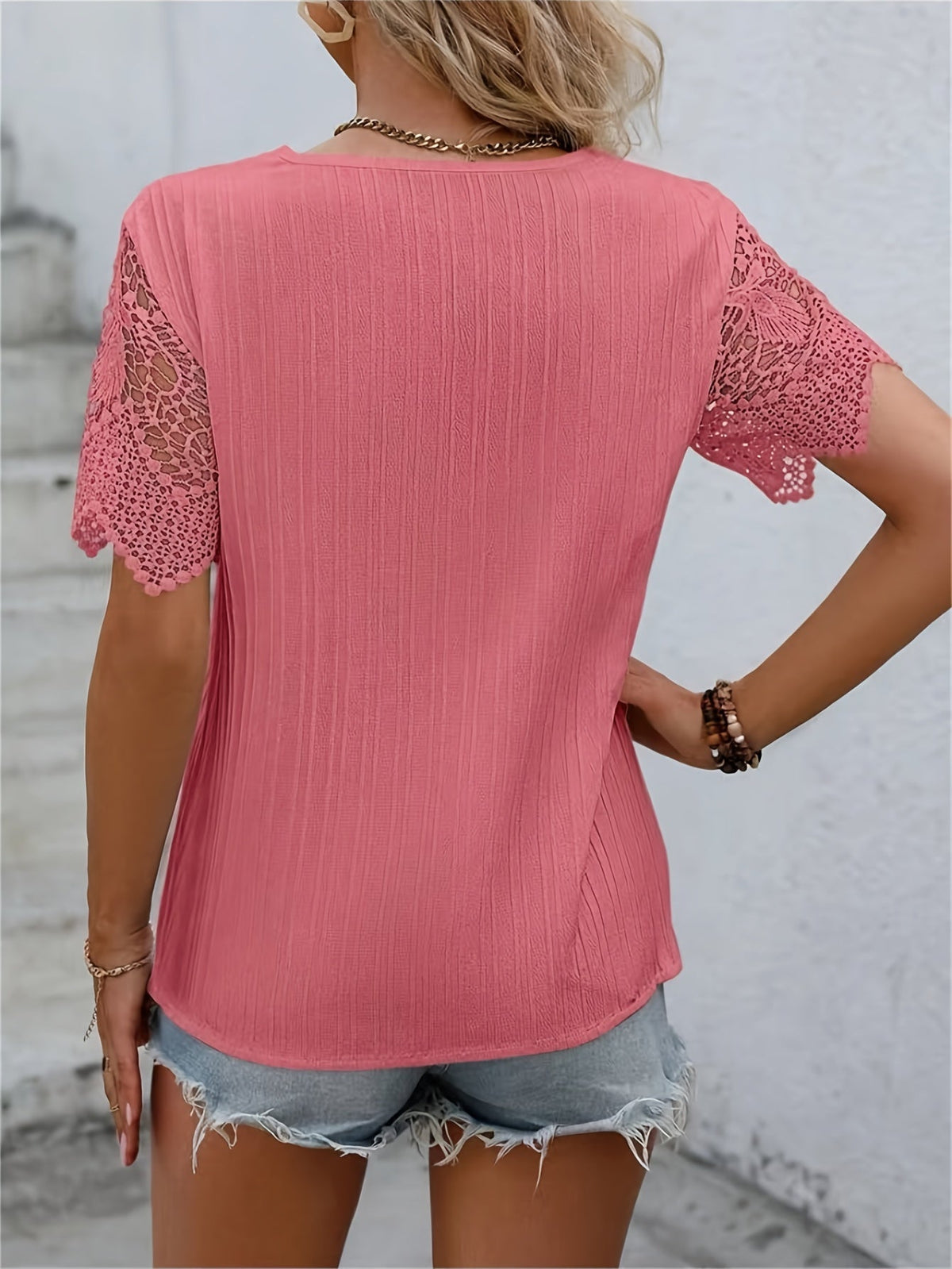 Solid Lace Splicing V-neck Blouse, Vintage Short Sleeve Blouse