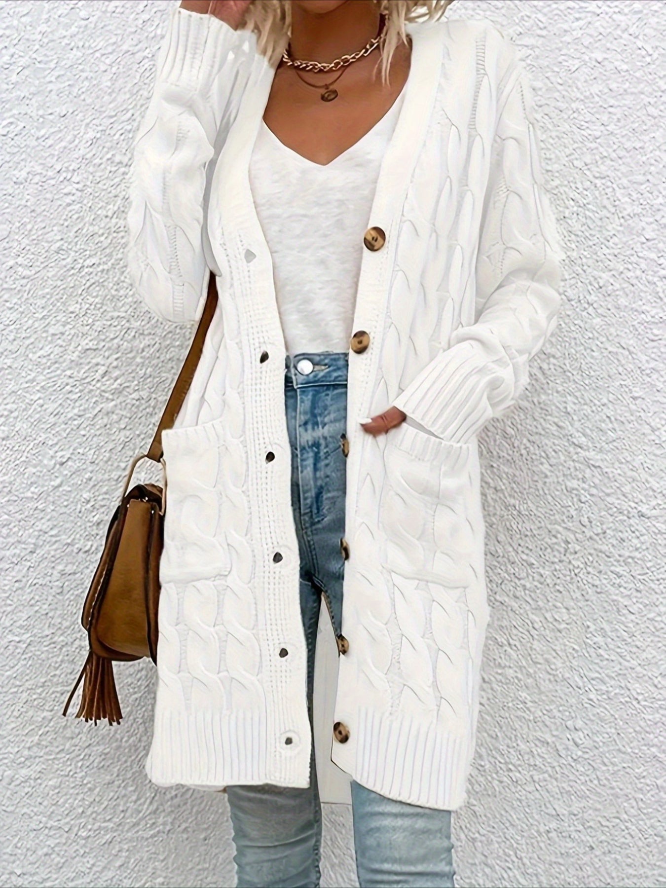 Elegant Long Nylon Soft Warm V-Neck Long Sleeves Sweater with Button Front